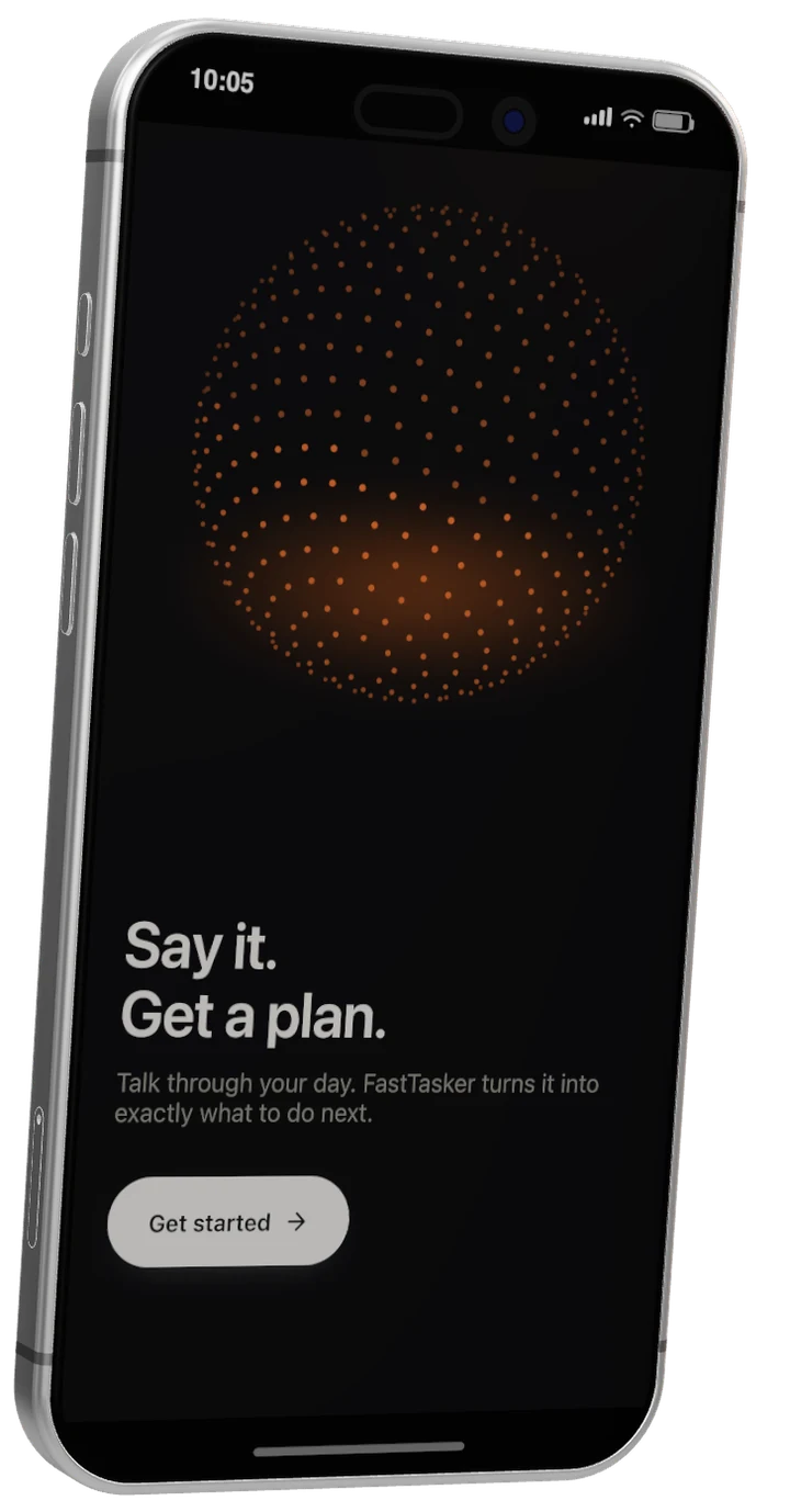 FastTasker welcome screen: Say it. Get a plan.