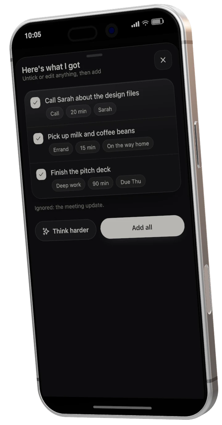 Here's what I got: three tasks with times and tags, and the meeting chatter ignored