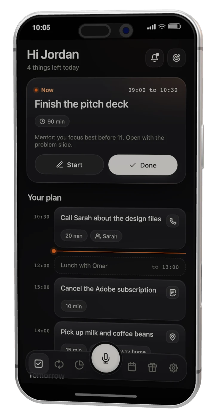 Today screen with the Now task on top and the plan for the day